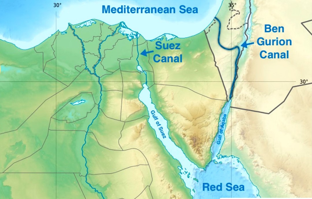 a map of the ben gurion canal project that rivals the great suez canal